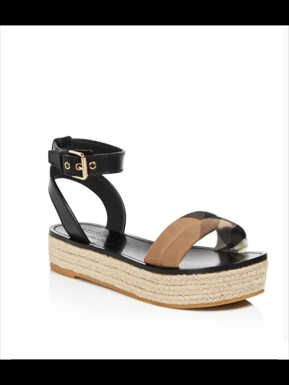 Burberry Black Ankle-Strap Espadrille Sandal with Tan Check Band